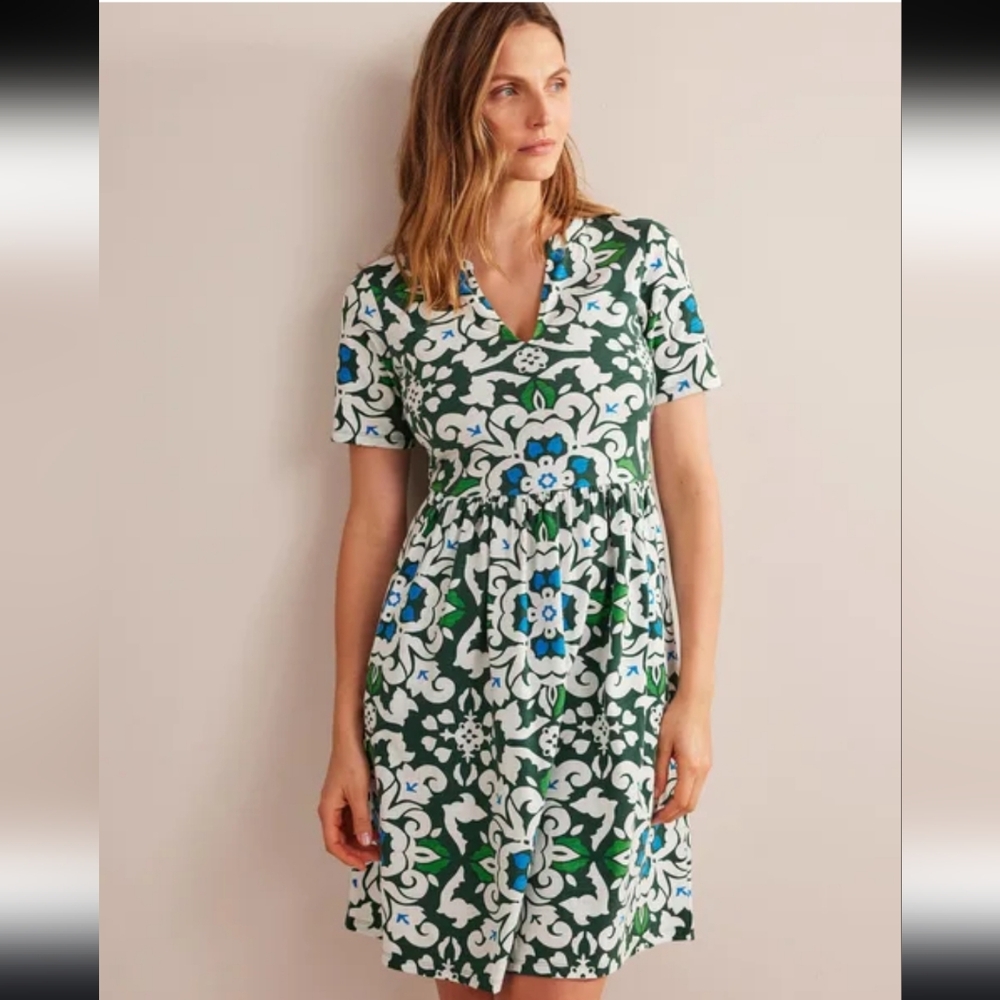Boden Easy Notch Neck Jersey Dress Trekking Green, Opulent Pome size 6R